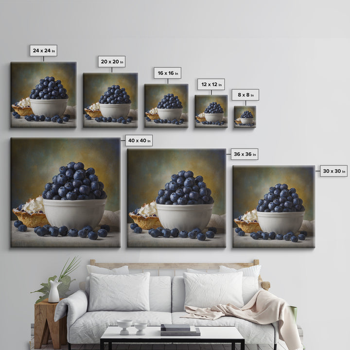 Blueberries in a White Bowl Framed Canvas Print, Kitchen Art, Modern Art, Kitchen Decor, Oil Painting, Kitchen, Neutral Decor, KIT-1x1-43