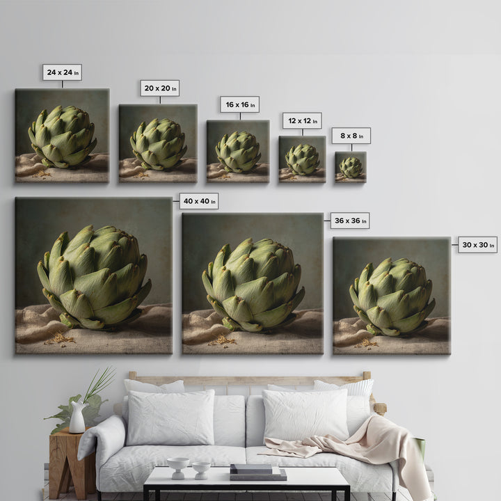 Artichoke Closeup in Painterly Green Tones Framed Canvas Print, Kitchen Art, Art Deco, Kitchen Decor, Fine Art, Kitchen, KIT-1x1-44