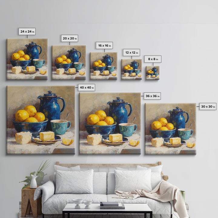 Lemons and Blue Ceramic Bowl Still Life Canvas Print, Kitchen Art, Trendy Wall Art, Kitchen Decor, Fine Art, Kitchen, KIT-1x1-50