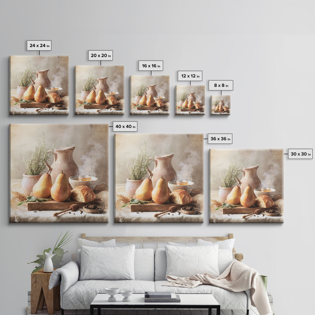 Farmhouse Pears on a Wooden Board Framed Canvas Print, Kitchen Art, Statement Artwork, Kitchen Decor, Abstract Art, Kitchen, KIT-1x1-57