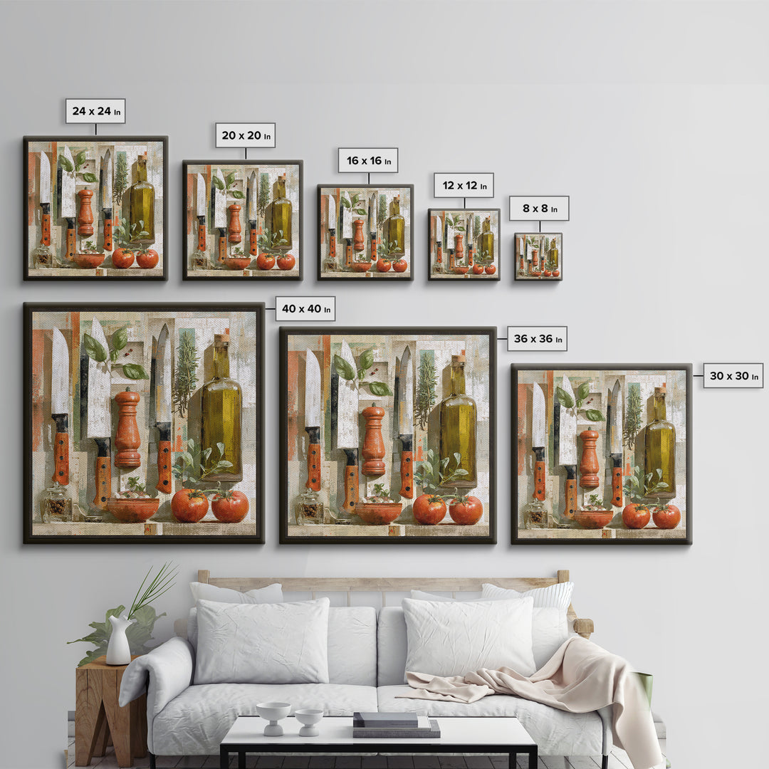 Chef Knives and Herbs Arranged as Graphic Framed Canvas Print, Kitchen Art, Kitchen Print, Kitchen Decor, Watercolor Art, KIT-1x1-58