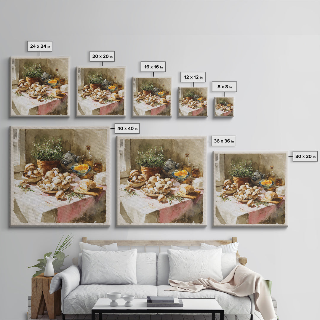 Mushrooms and Thyme Botanical Study Framed Canvas Print, Kitchen Art, Bar Cart Decor, Kitchen Decor, Oil Painting, Kitchen, KIT-1x1-63
