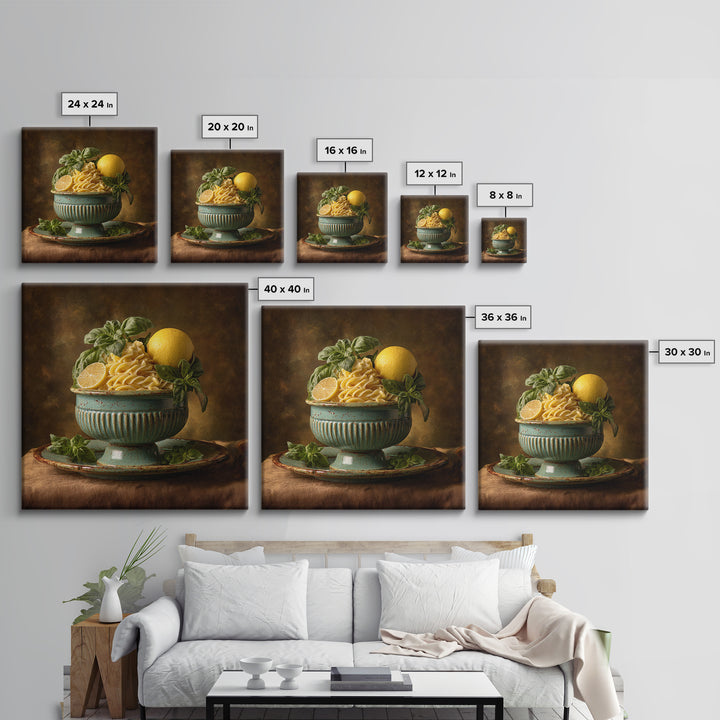 Pasta Lemons and Basil Mediterranean Still Life Framed Canvas Print, Kitchen Art, Gallery Decor, Kitchen Decor, Kitchen, KIT-1x1-65