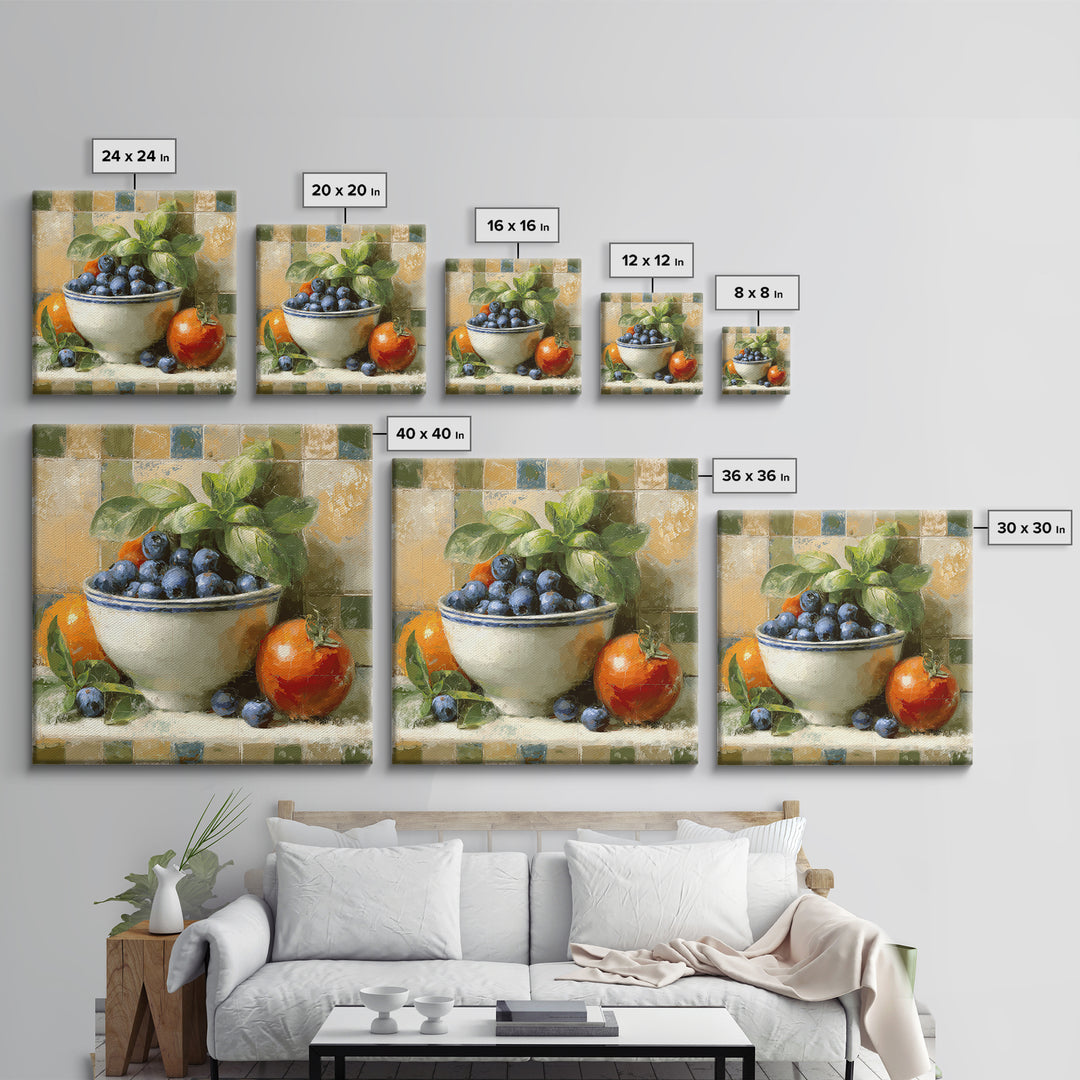 Blueberries in a White Bowl Framed Canvas Print, Kitchen Art, Gallery Decor, Kitchen Decor, Fine Art, Kitchen, Contemporary Art, KIT-1x1-67