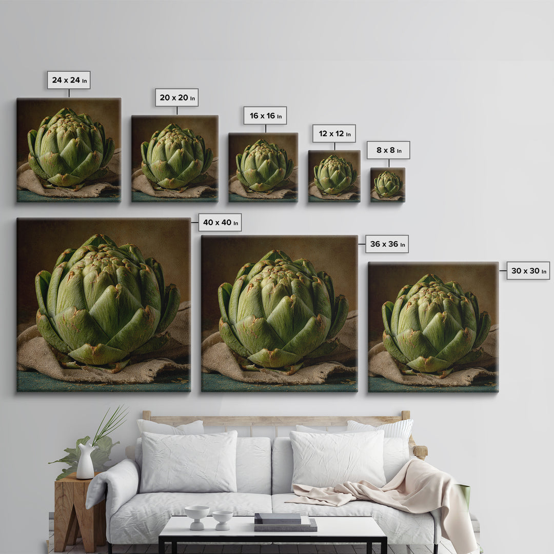 Artichoke Closeup in Painterly Green Tones Framed Canvas Print, Kitchen Art, Kitchen Prints, Kitchen Decor, Fine Art, Kitchen, KIT-1x1-68