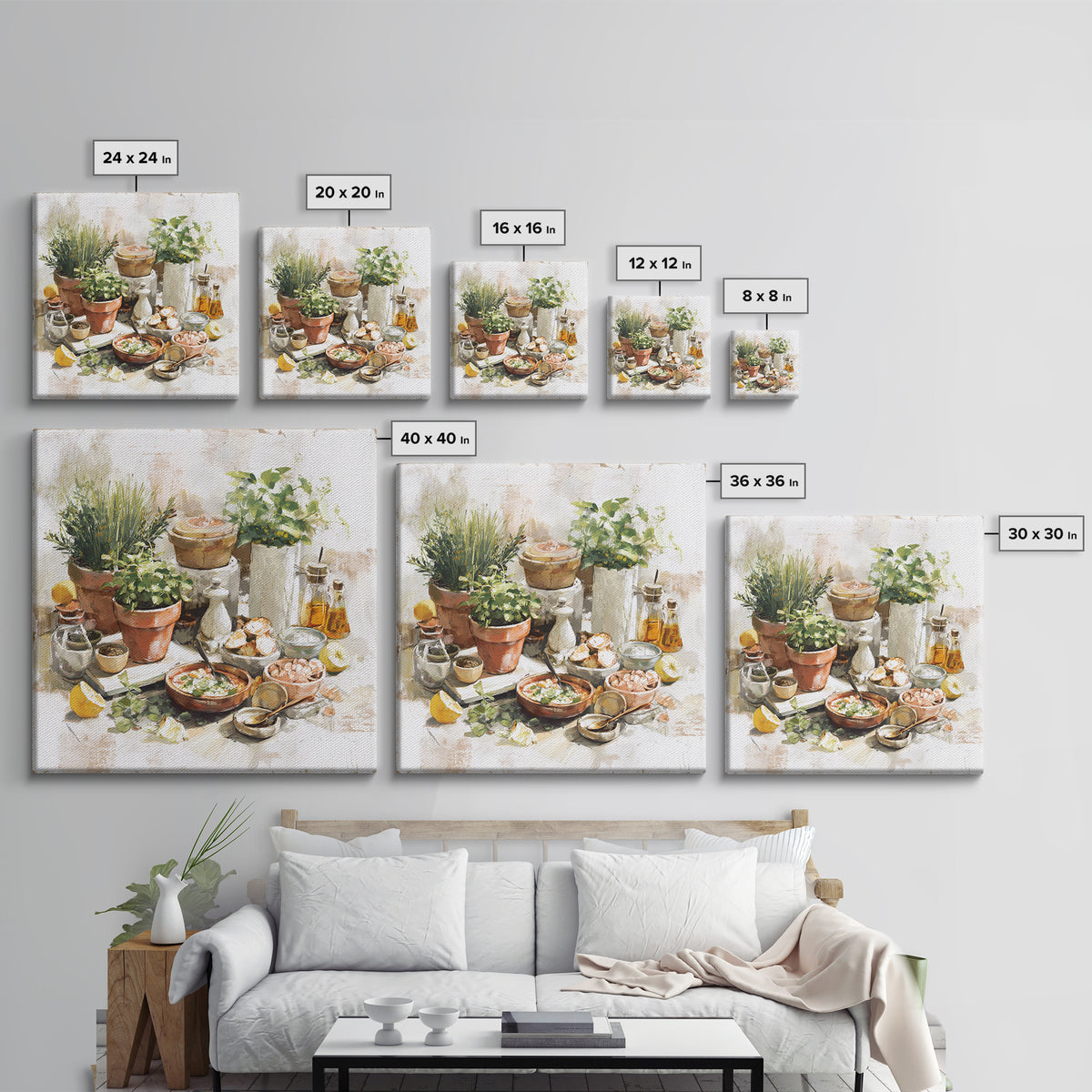 Fresh Herbs in Terracotta Pots Framed Canvas Print, Kitchen Art, Art Print, Kitchen Decor, Watercolor Art, Kitchen, Art Prints, KIT-1x1-73
