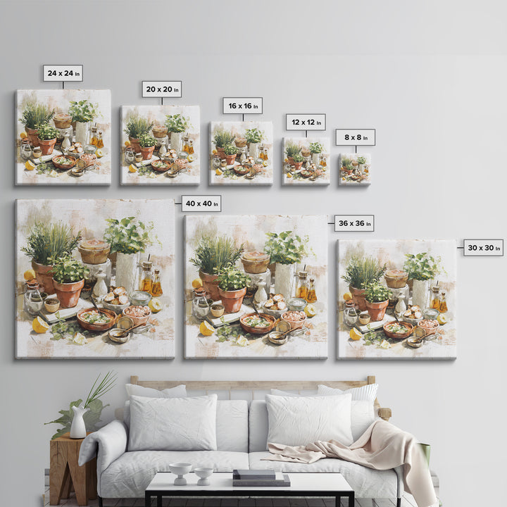 Fresh Herbs in Terracotta Pots Framed Canvas Print, Kitchen Art, Art Print, Kitchen Decor, Watercolor Art, Kitchen, Art Prints, KIT-1x1-73