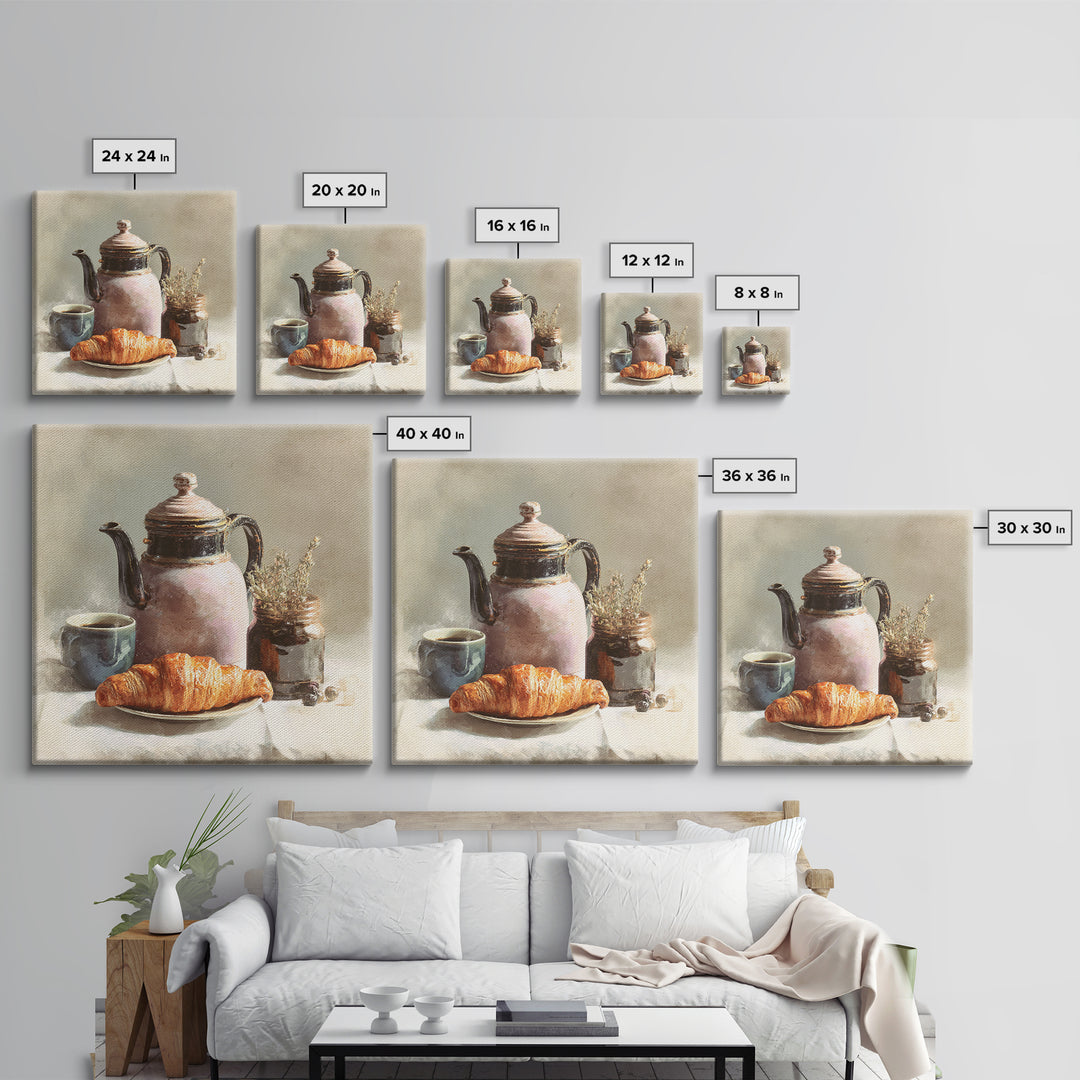 Coffee Pot and Croissant Morning Still Life Framed Canvas Print, Kitchen Art, Fine Art Print, Kitchen Decor, Oil Painting, KIT-1x1-79