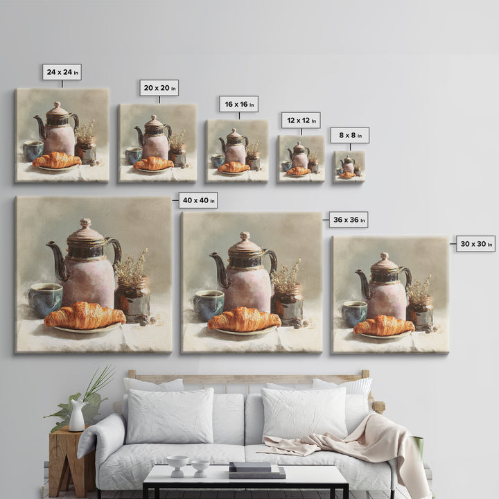 Coffee Pot and Croissant Morning Still Life Framed Canvas Print, Kitchen Art, Fine Art Print, Kitchen Decor, Oil Painting, KIT-1x1-79