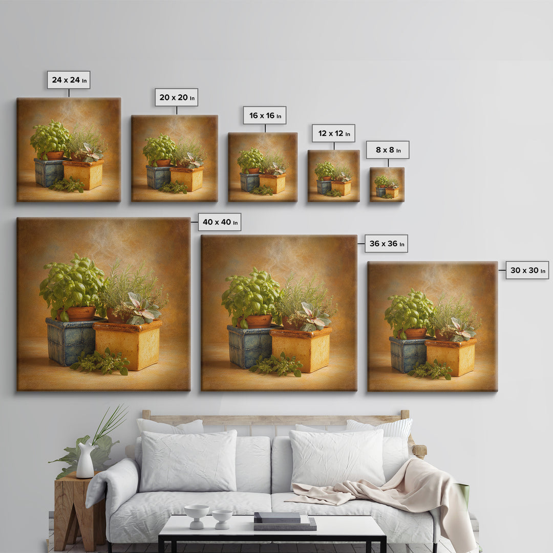 Fresh Herbs in Terracotta Pots Canvas Print, Kitchen Art, Wall Art, Kitchen Decor, Oil Painting, Kitchen, Kitchen Wall Art, KIT-1x1-97