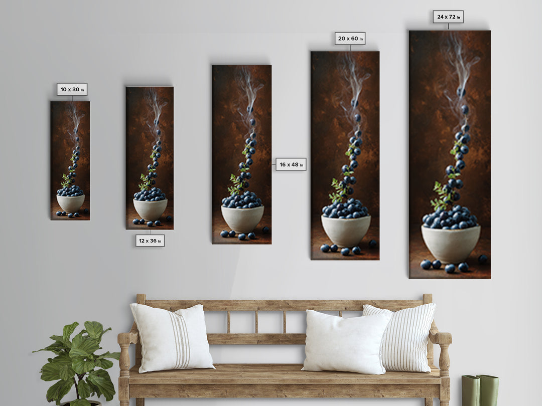 Blueberries in a White Bowl Framed Canvas Print, Kitchen Art, Prints, Kitchen Decor, Watercolor Art, Kitchen, KIT-1x3-31