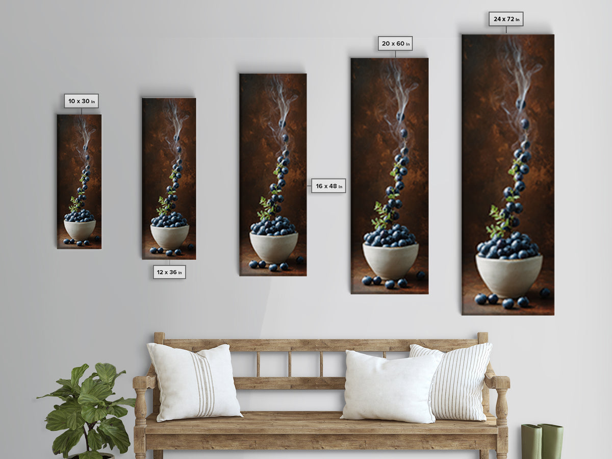 Blueberries in a White Bowl Framed Canvas Print, Kitchen Art, Prints, Kitchen Decor, Watercolor Art, Kitchen, KIT-1x3-31