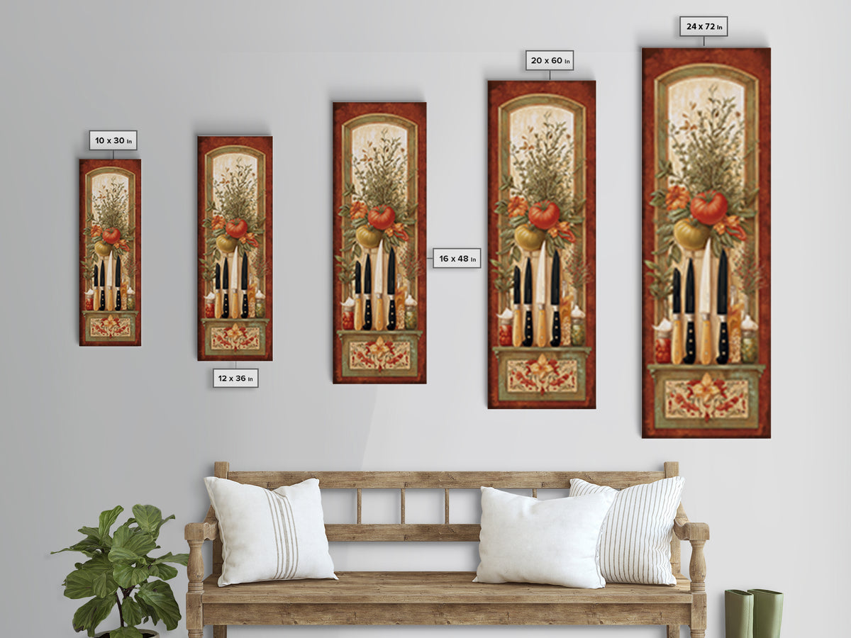Chef Knives and Herbs Arranged as Graphic Framed Canvas Print, Kitchen Art, Coffee Print, Kitchen Decor, Fine Art, Kitchen, KIT-1x3-46