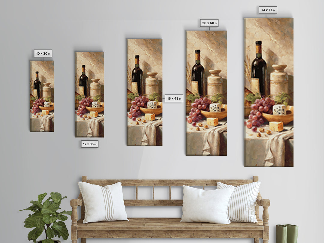 Wine Bottle Grapes and Cheese Still Life Canvas Print, Kitchen Art, Wall Art, Kitchen Decor, Watercolor Art, Kitchen, KIT-1x3-48