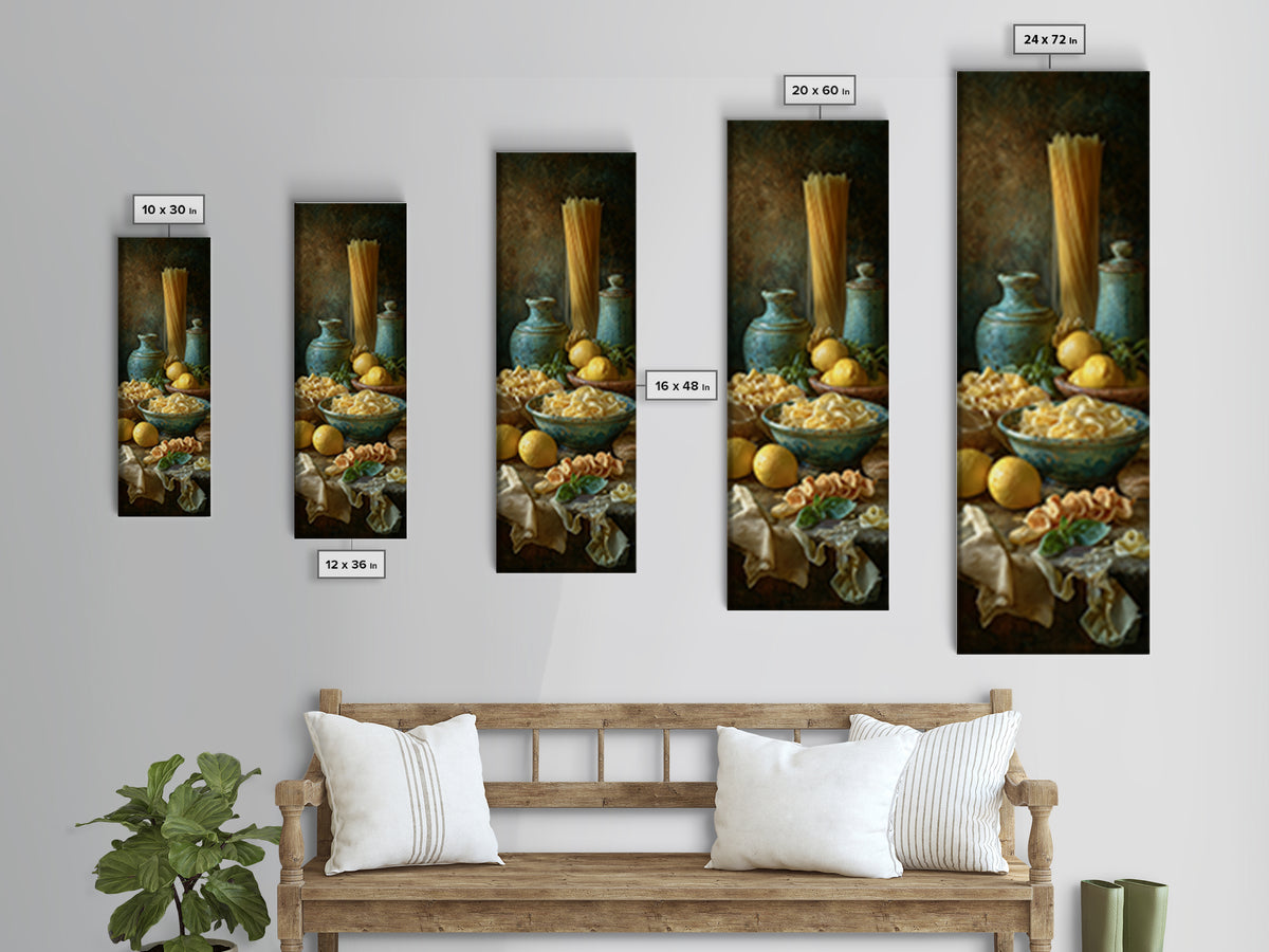 Pasta Lemons and Basil Mediterranean Still Life Framed Canvas Print, Kitchen Art, Modern Decor, Kitchen Decor, Kitchen, KIT-1x3-53