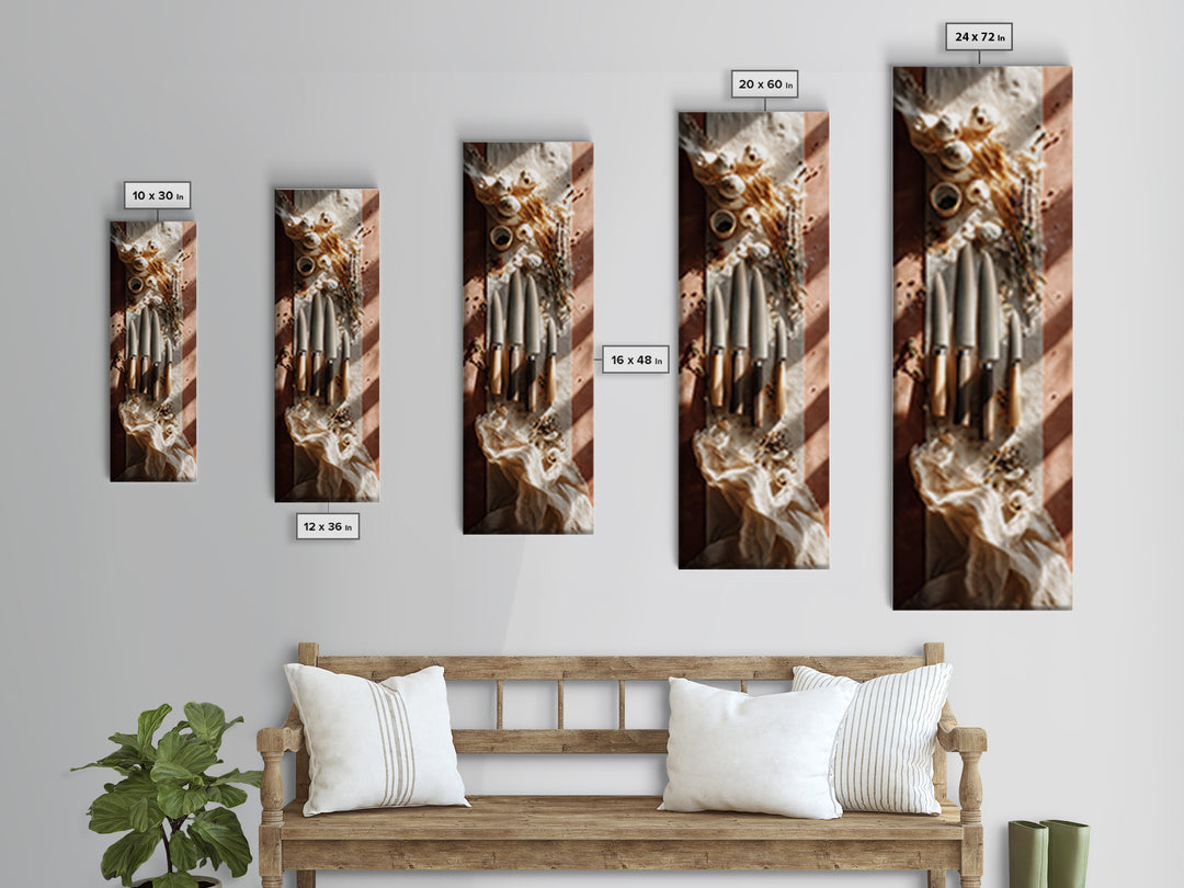 Chef Knives and Herbs Arranged as Graphic Framed Canvas Print, Kitchen Art, Coffee Print, Kitchen Decor, Fine Art, Kitchen, KIT-1x3-70