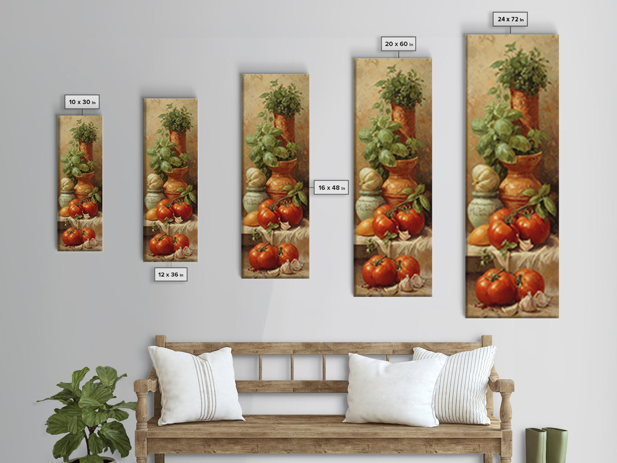 Tomatoes Garlic and Basil on Linen Framed Canvas Print, Kitchen Art, Trendy Wall Art, Kitchen Decor, Abstract Art, Kitchen, KIT-1x3-87