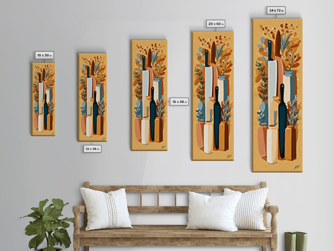 Chef Knives and Herbs Arranged as Graphic Canvas Print, Kitchen Art, Fine Art Print, Kitchen Decor, Fine Art, Kitchen, KIT-1x3-94