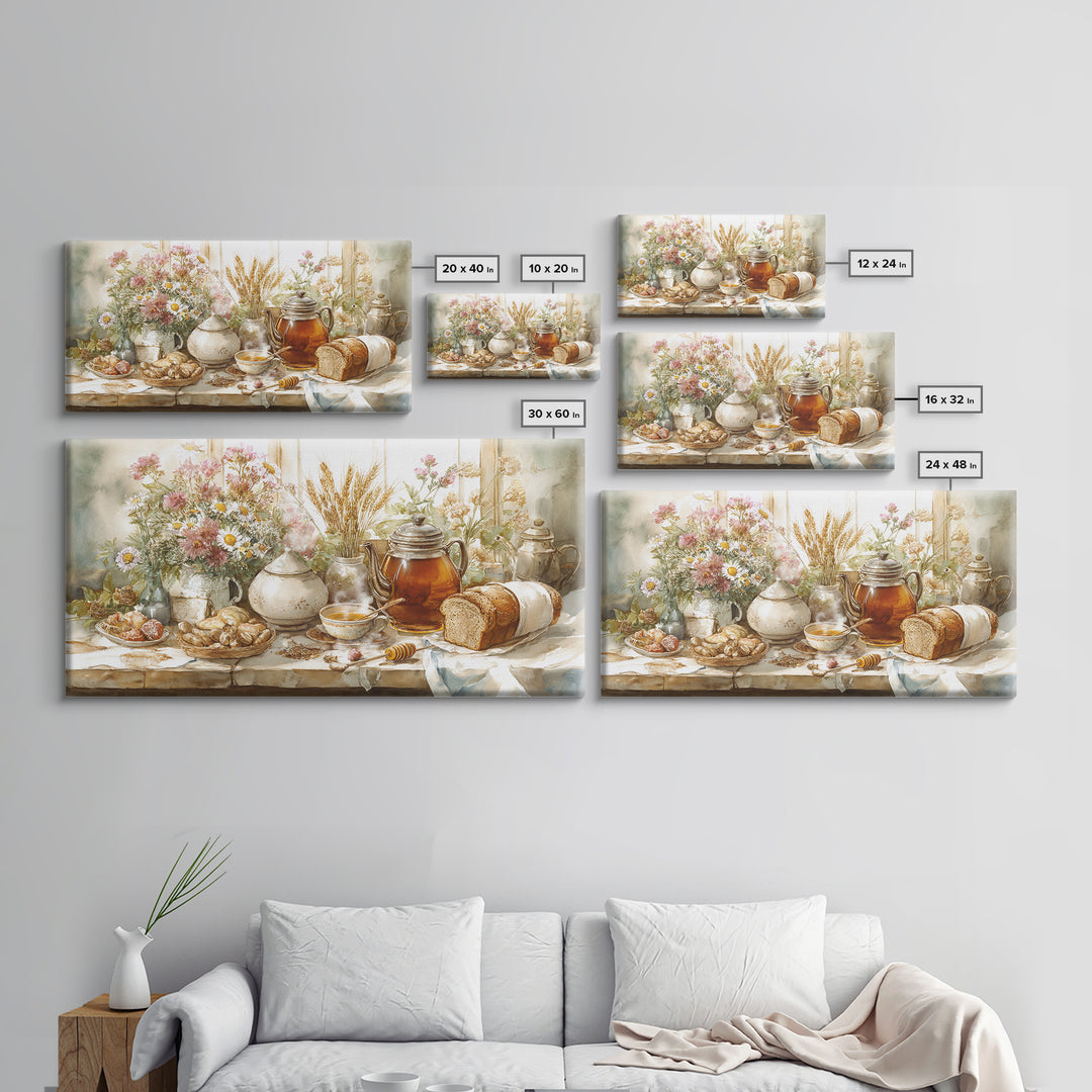 Tea Kettle with Steam and Wildflowers Framed Canvas Print, Kitchen Art, Art Print, Kitchen Decor, Watercolor Art, Kitchen, KIT-2x1-10