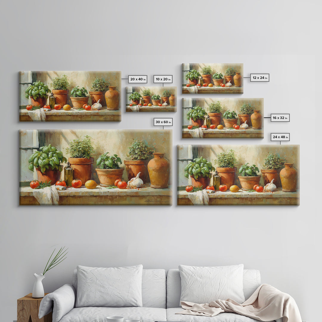 Fresh Herbs in Terracotta Pots Canvas Print, Kitchen Art, Wall Art, Kitchen Decor, Oil Painting, Kitchen, Kitchen Wall Art, KIT-2x1-21
