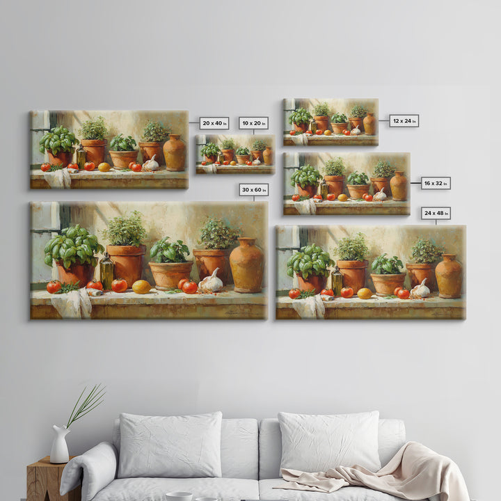 Fresh Herbs in Terracotta Pots Canvas Print, Kitchen Art, Wall Art, Kitchen Decor, Oil Painting, Kitchen, Kitchen Wall Art, KIT-2x1-21