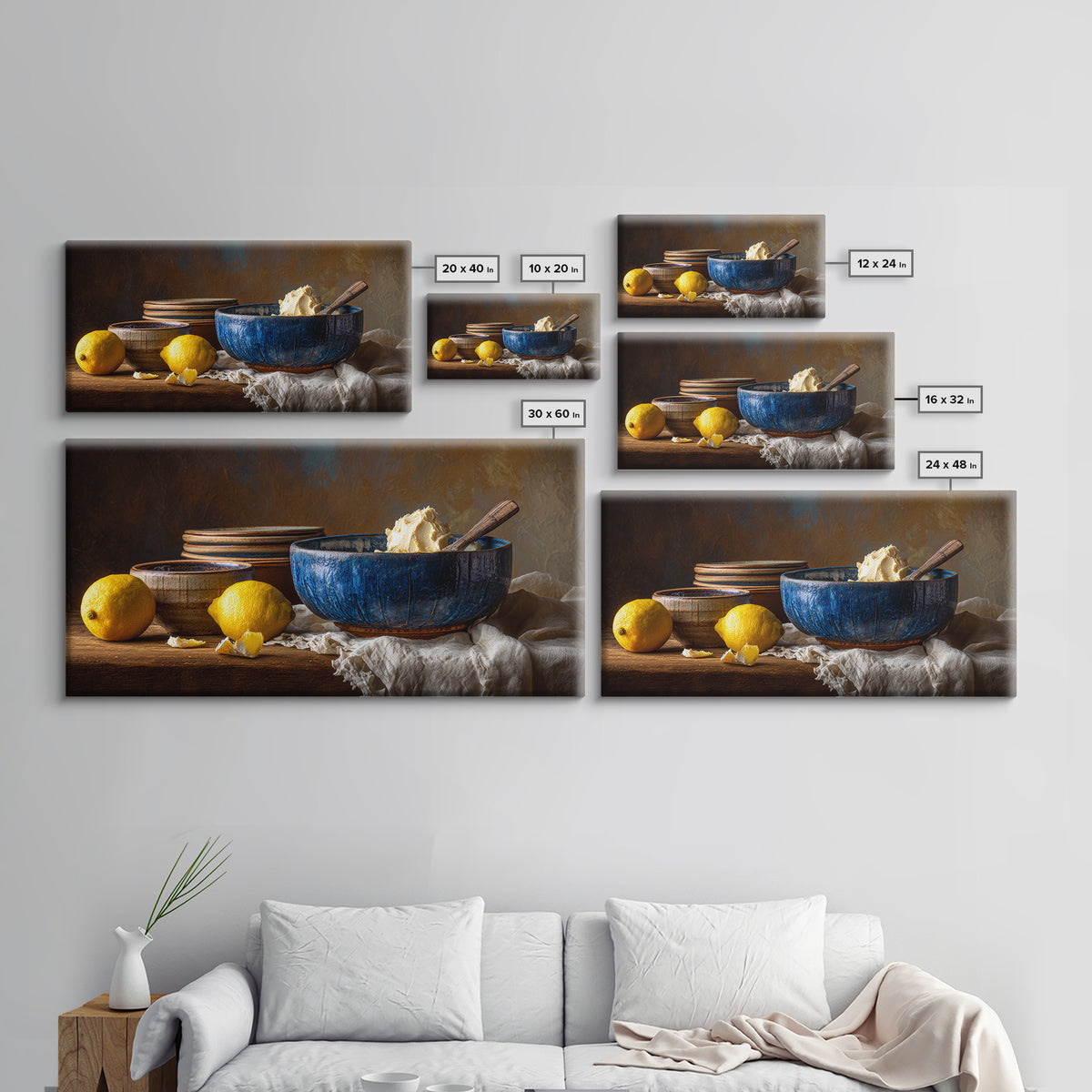 Lemons and Blue Ceramic Bowl Still Life Canvas Print, Kitchen Art, Boho Decor, Kitchen Decor, Fine Art, Kitchen, Wall Decor, KIT-2x1-22