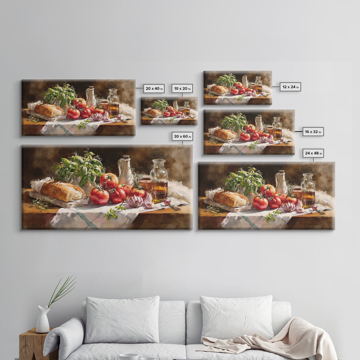 Tomatoes Garlic and Basil on Linen Framed Canvas Print, Kitchen Art, Print, Kitchen Decor, Abstract Art, Kitchen, KIT-2x1-23