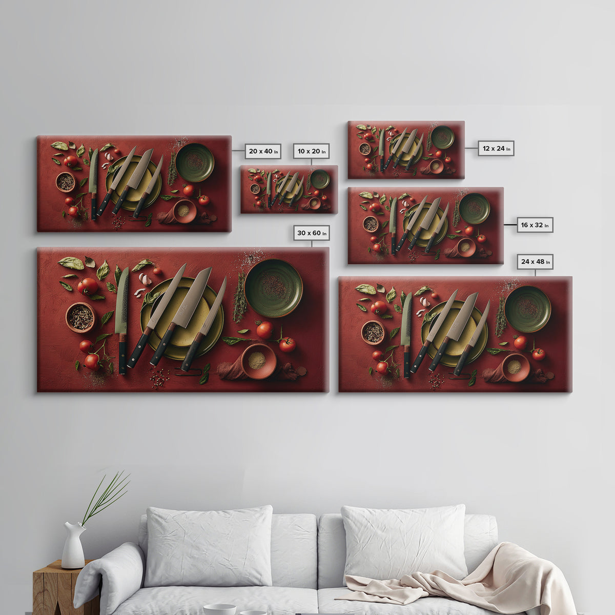 Chef Knives and Herbs Arranged as Graphic Framed Canvas Print, Kitchen Art, Luxury Decor, Kitchen Decor, Fine Art, Kitchen, KIT-2x1-30