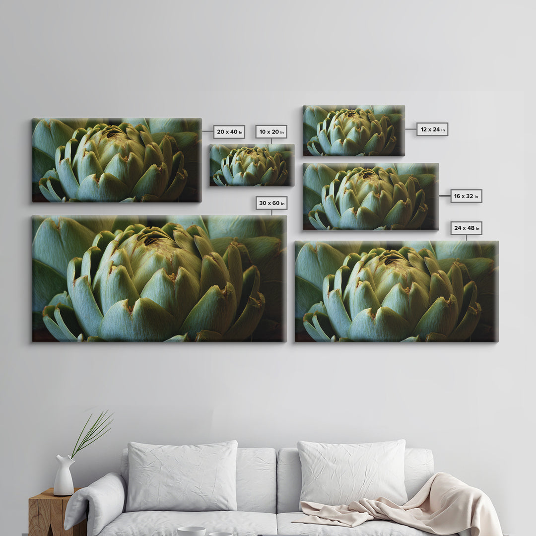 Artichoke Closeup in Painterly Green Tones Framed Canvas Print, Kitchen Art, Home Decor, Kitchen Decor, Fine Art, Kitchen, KIT-2x1-40