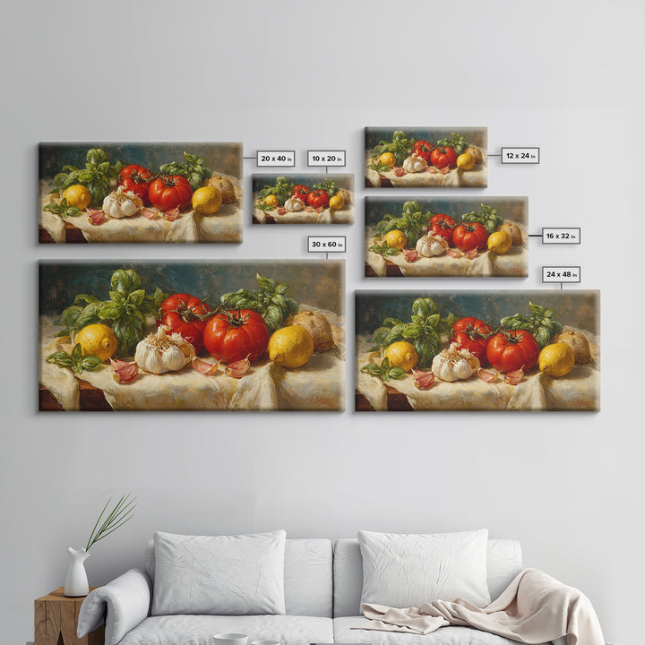 Tomatoes Garlic and Basil on Linen Canvas Print, Kitchen Art, Kitchen Decor, Abstract Art, Kitchen, Trendy Wall Art, KIT-2x1-47