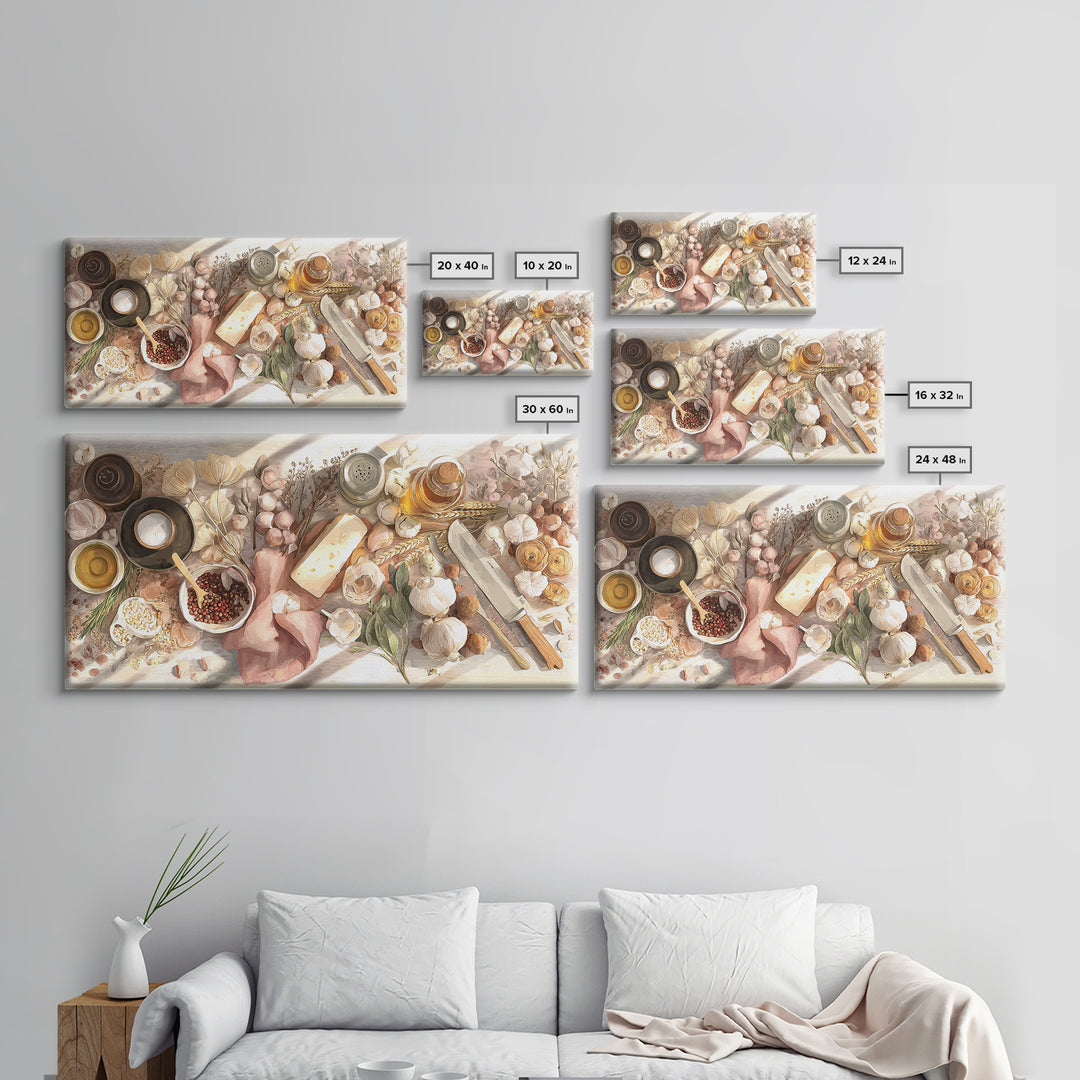 Chef Knives and Herbs Arranged as Graphic Canvas Print, Kitchen Art, Contemporary Art, Kitchen Decor, Fine Art, Kitchen, KIT-2x1-54