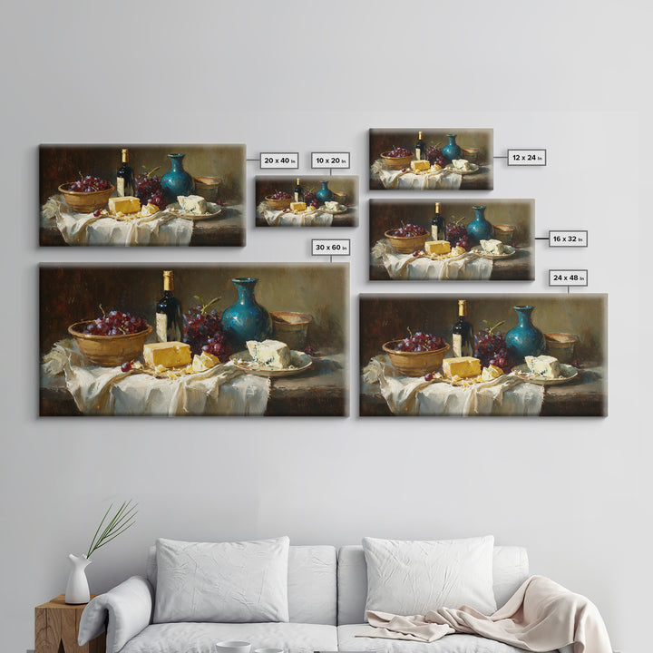 Wine Bottle Grapes and Cheese Still Life Framed Canvas Print, Kitchen Art, Prints, Kitchen Decor, Kitchen, Kitchen Wall Decor, KIT-2x1-56
