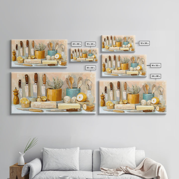 Chef Knives and Herbs Arranged as Graphic Framed Canvas Print, Kitchen Art, Luxury Decor, Kitchen Decor, Fine Art, Kitchen, KIT-2x1-6