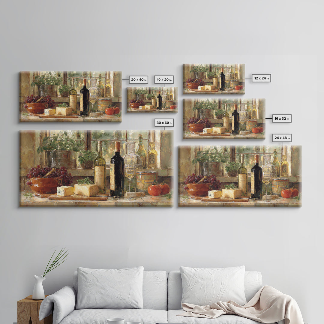 Wine Bottle Grapes and Cheese Still Life Framed Canvas Print, Kitchen Art, Kitchen Decor, Fine Art, Kitchen, Kitchen Art Print, KIT-2x1-80