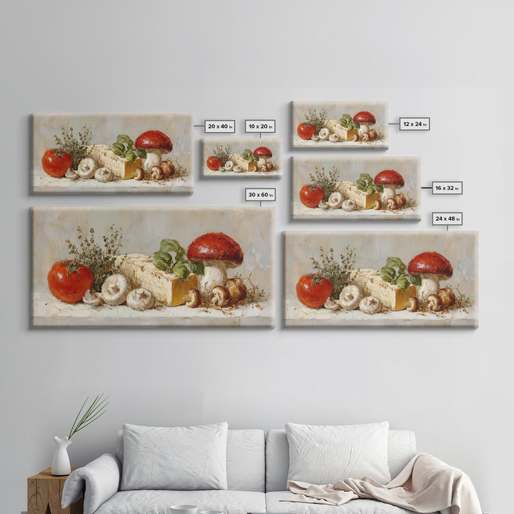 Mushrooms and Thyme Botanical Study Framed Canvas Print, Kitchen Art, Contemporary Art, Kitchen Decor, Oil Painting, Kitchen, KIT-2x1-83