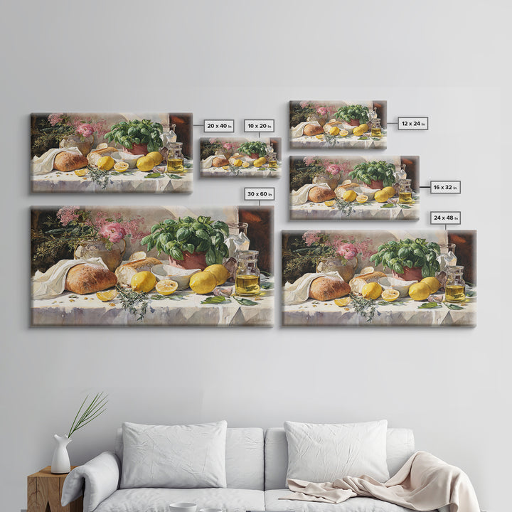 Pasta Lemons and Basil Mediterranean Still Life Framed Canvas Print, Kitchen Art, Digital Wall Art, Kitchen Decor, Kitchen, KIT-2x1-85