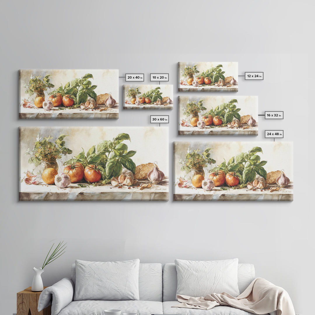 Tomatoes Garlic and Basil on Linen Framed Canvas Print, Kitchen Art, Kitchen Art Print, Kitchen Decor, Fine Art, Kitchen, KIT-2x1-95