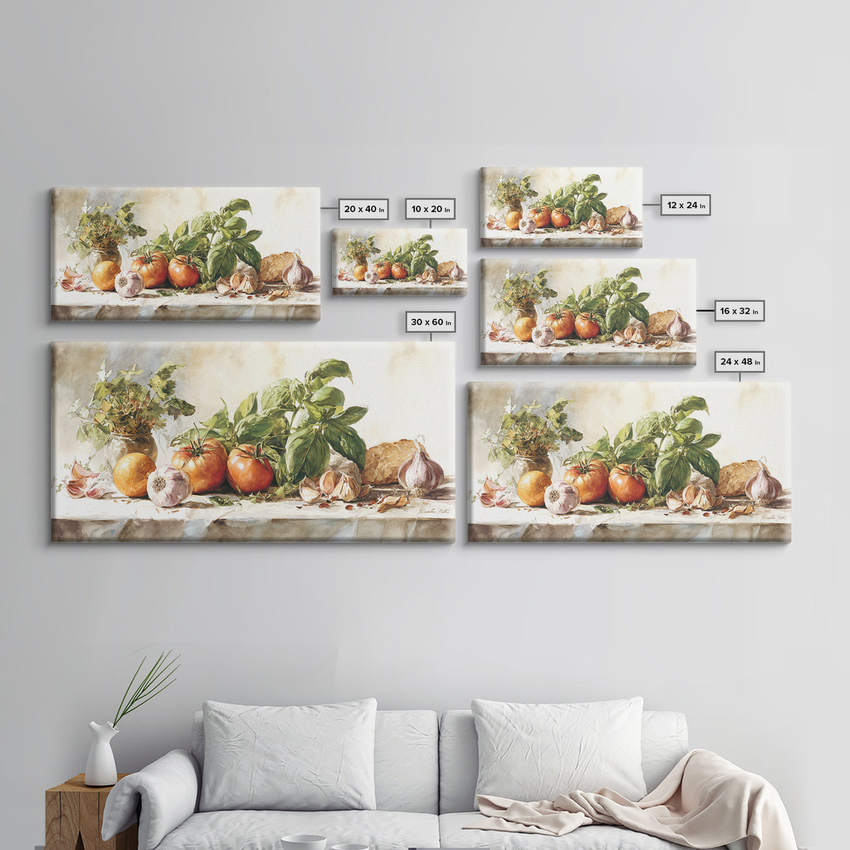 Tomatoes Garlic and Basil on Linen Framed Canvas Print, Kitchen Art, Kitchen Art Print, Kitchen Decor, Fine Art, Kitchen, KIT-2x1-95