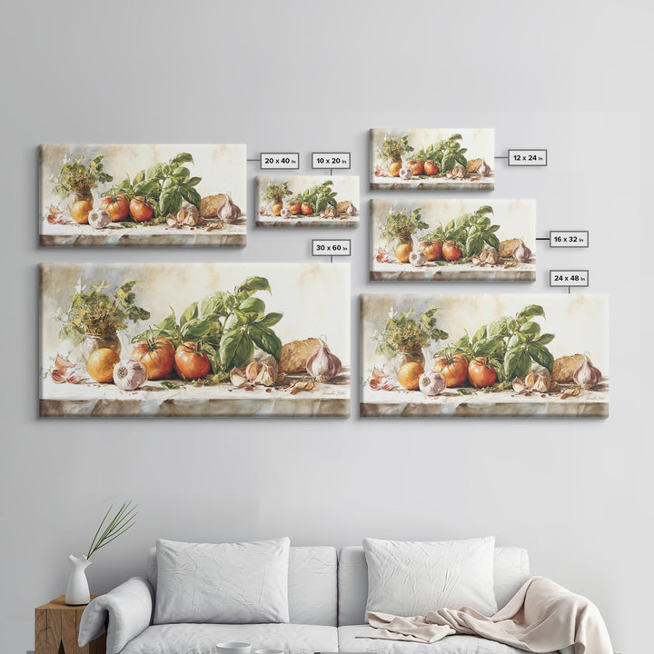 Tomatoes Garlic and Basil on Linen Framed Canvas Print, Kitchen Art, Kitchen Art Print, Kitchen Decor, Fine Art, Kitchen, KIT-2x1-95