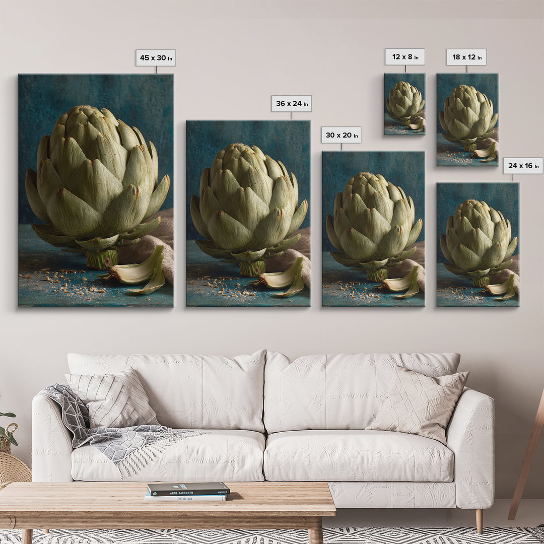 Artichoke Closeup in Painterly Green Tones Framed Canvas Print, Kitchen Art, Art Print, Kitchen Decor, Fine Art, Kitchen, KIT-2x3-100