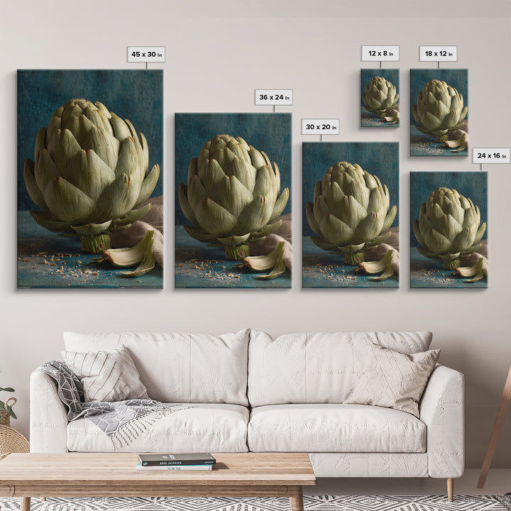 Artichoke Closeup in Painterly Green Tones Framed Canvas Print, Kitchen Art, Art Print, Kitchen Decor, Fine Art, Kitchen, KIT-2x3-100