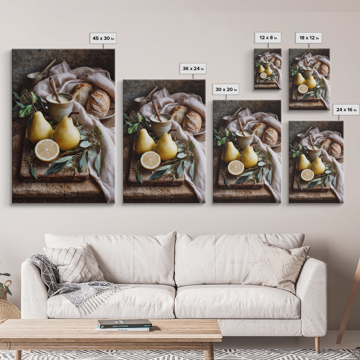 Farmhouse Pears on a Wooden Board Framed Canvas Print, Kitchen Art, Wall Decor, Kitchen Decor, Abstract Art, Kitchen, KIT-2x3-17