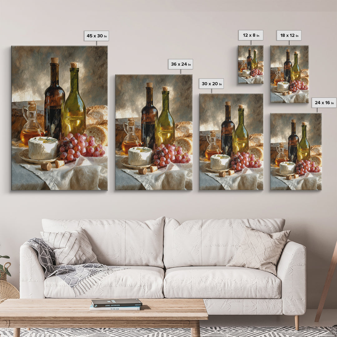 Wine Bottle Grapes and Cheese Still Life Framed Canvas Print, Kitchen Art, Print, Kitchen Decor, Oil Painting, Kitchen, KIT-2x3-20