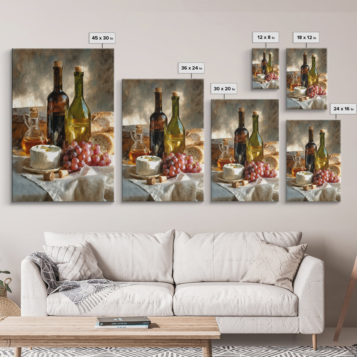 Wine Bottle Grapes and Cheese Still Life Framed Canvas Print, Kitchen Art, Print, Kitchen Decor, Oil Painting, Kitchen, KIT-2x3-20