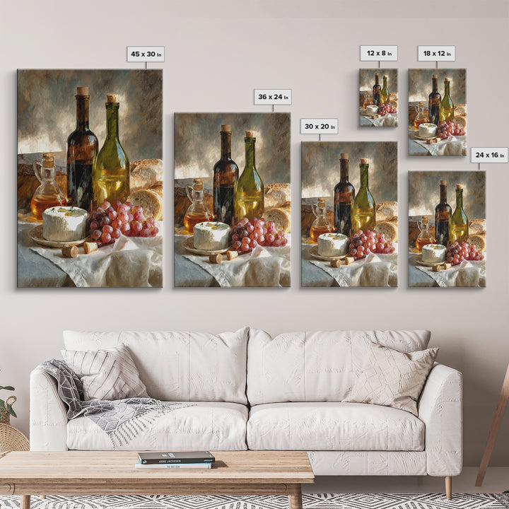 Wine Bottle Grapes and Cheese Still Life Framed Canvas Print, Kitchen Art, Print, Kitchen Decor, Oil Painting, Kitchen, KIT-2x3-20