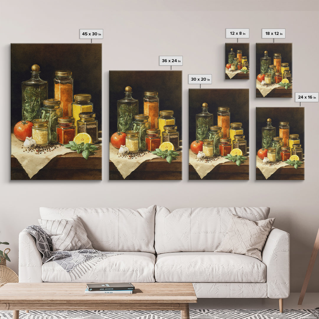 Watercolor Spice Jars Without Readable Labels Framed Canvas Print, Kitchen Art, Kitchen Decor, Oil Painting, Kitchen, KIT-2x3-21