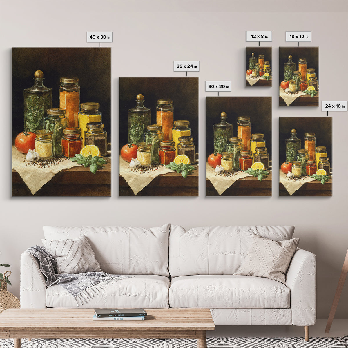 Watercolor Spice Jars Without Readable Labels Framed Canvas Print, Kitchen Art, Kitchen Decor, Oil Painting, Kitchen, KIT-2x3-21
