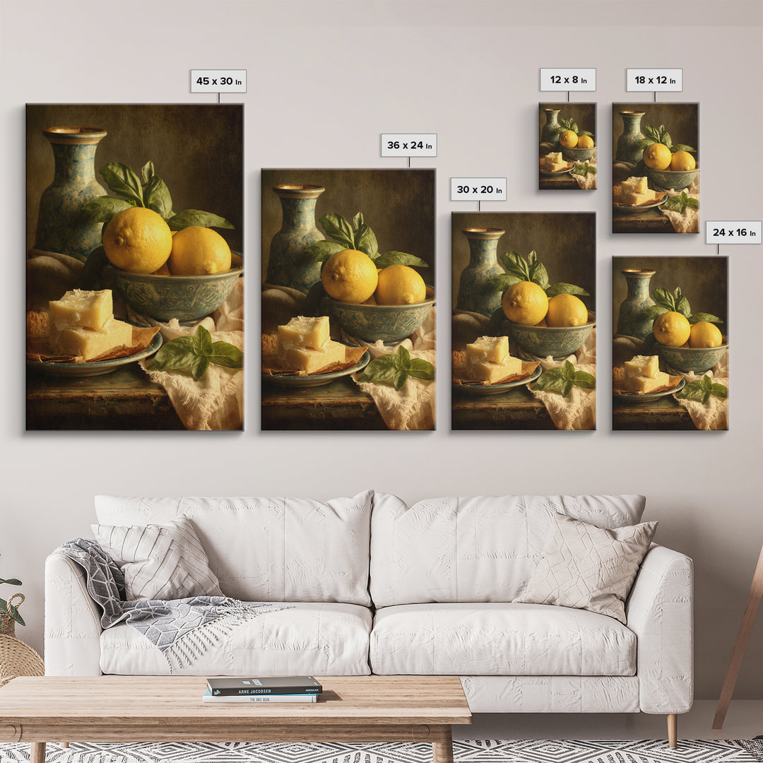 Pasta Lemons and Basil Mediterranean Still Life Framed Canvas Print, Kitchen Art, Wall Art, Kitchen Decor, Fine Art, Kitchen, KIT-2x3-25