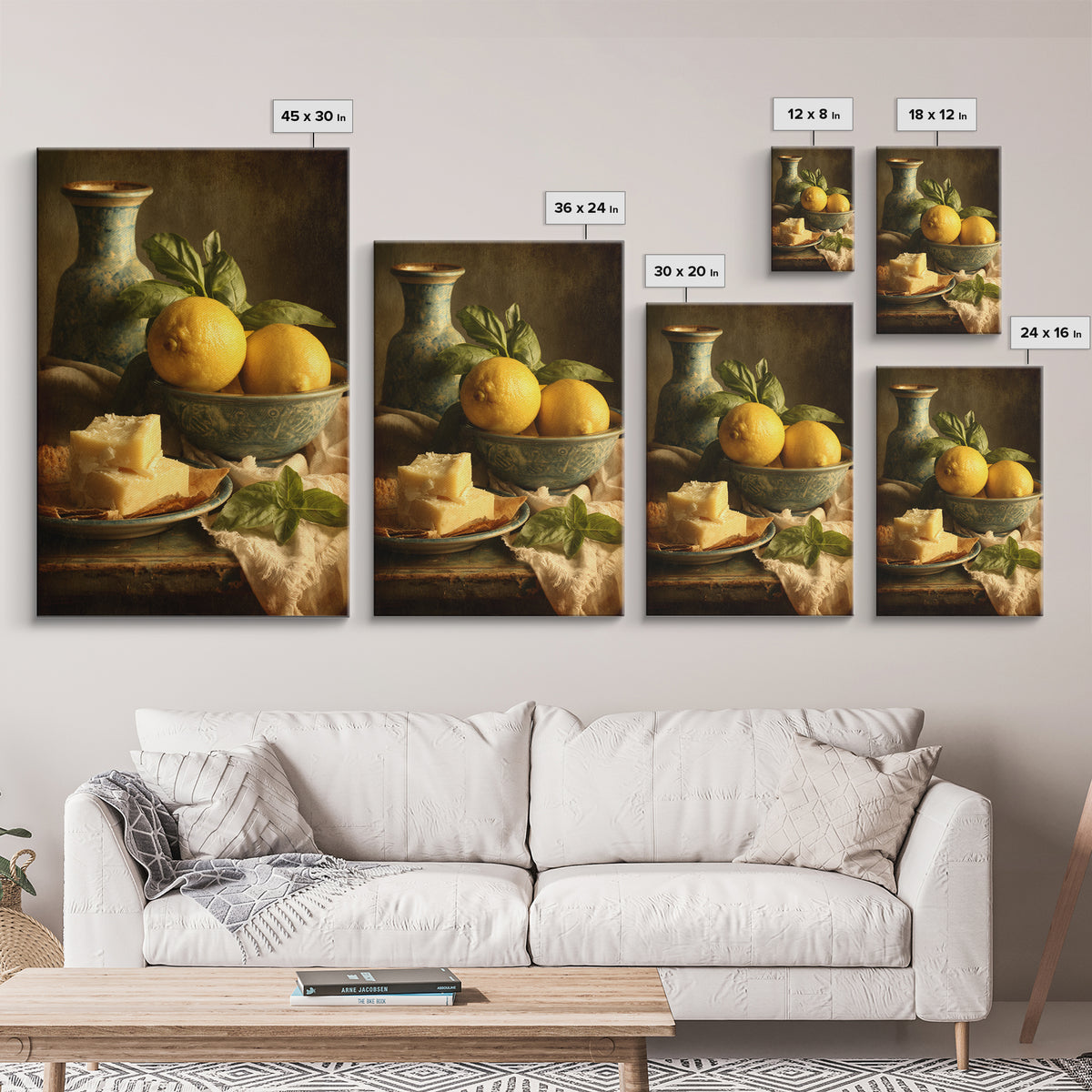 Pasta Lemons and Basil Mediterranean Still Life Framed Canvas Print, Kitchen Art, Wall Art, Kitchen Decor, Fine Art, Kitchen, KIT-2x3-25