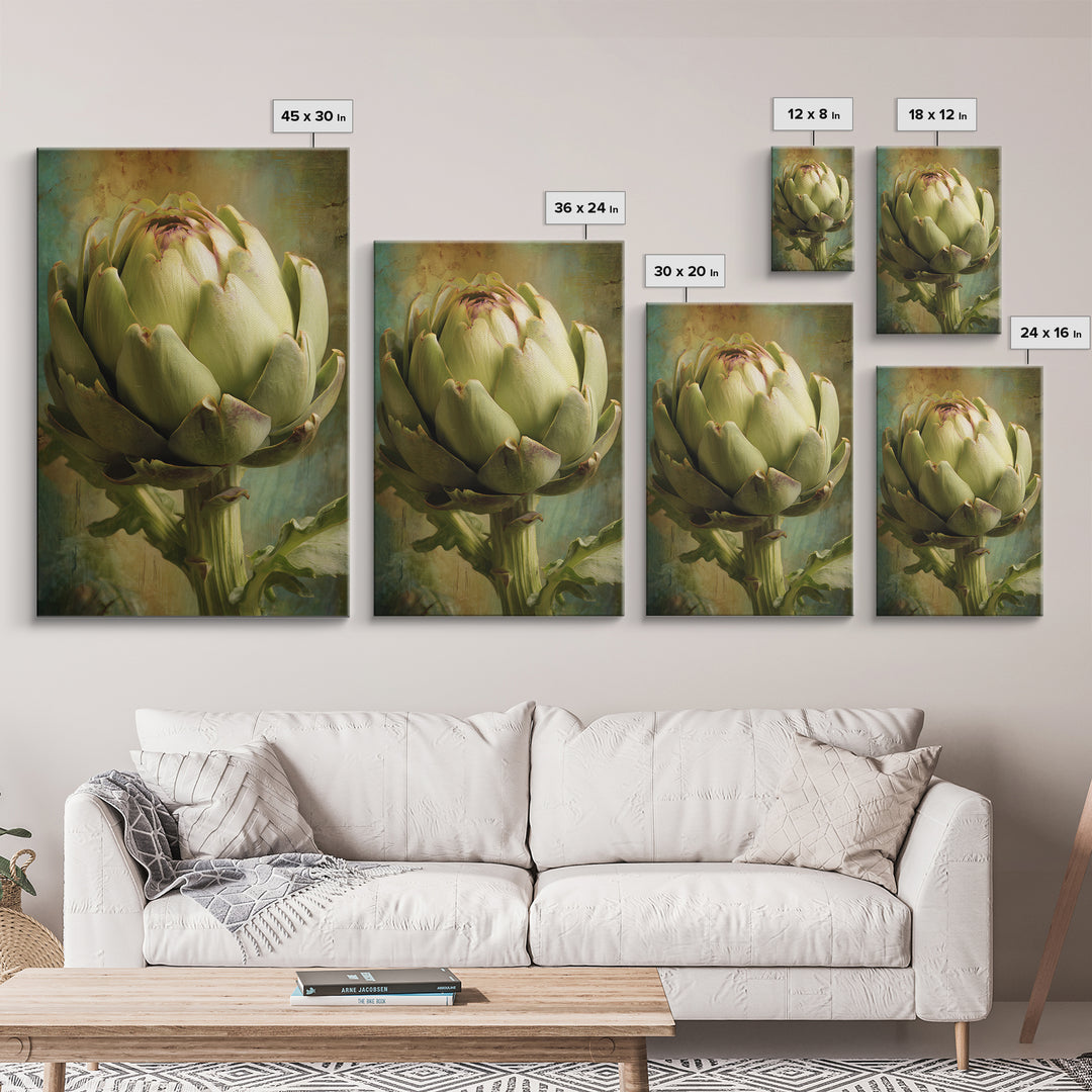 Artichoke Closeup in Painterly Green Tones Framed Canvas Print, Kitchen Art, Digital Print, Kitchen Decor, Fine Art, Kitchen, KIT-2x3-28